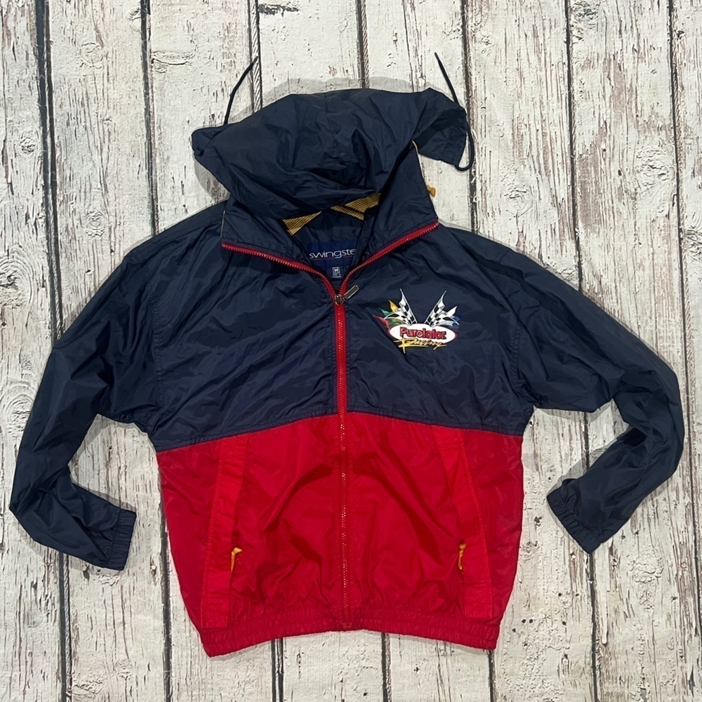 Mens 80s Vintage Purolator Hooded Windbreaker Coat Jacket 1980s